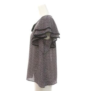 ANAYI 23SS スクエアジオメトリックプリントブラウス プルオーバー 半袖 フレアスリーブ パイピング 総柄 リボン 6 紫 黒