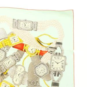 Cartier 大判スカーフ 時計柄 シルク 総柄 ミント マルチカラー