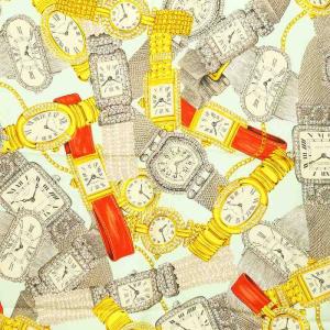 Cartier 大判スカーフ 時計柄 シルク 総柄 ミント マルチカラー
