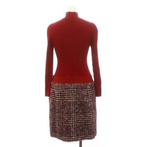 M'S GRACY ツイードニット切替ハイネックワンピース 膝丈 長袖 リボン ウール 38 赤 レッド マルチカラー