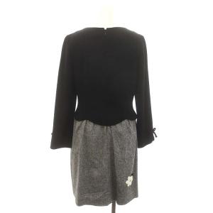 M'S GRACY ウールスパンコール花袖リボン切替ワンピース 膝丈 長袖 38 黒 グレー マルチカラー