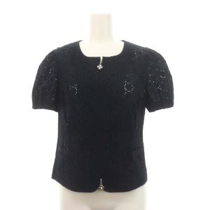 M'S GRACY セットアップ 上下 カットワーク刺繍 ノーカラージャケット 半袖 薄手 ジップアップ フレアスカート 膝丈 38 紺 ネイビー