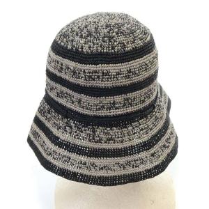 HELEN KAMINSKI ラフィアハット バケハ バケットハット 帽子 ロゴ ボーダー チャコールグレー グレージュ