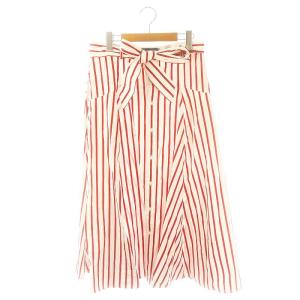 ストライプ フレアスカート ロング ミモレ丈 ウエストリボン付き 6 赤 白 レッド ホワイト /MI