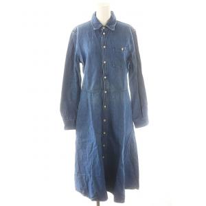 デニムシャツフレアワンピース ロング マキシ丈 長袖 リネン混 6 青 ブルー /MI OS
