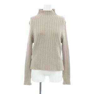 リブスリットスリーブハイネックニットプルオーバー セーター 長袖 ウール ベージュ