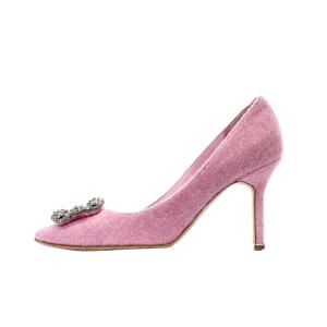 MANOLO BLAHNIK HANGISI ツイード パンプス ビジュー ピンク 38
