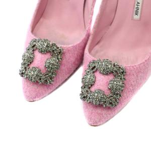 MANOLO BLAHNIK HANGISI ツイード パンプス ビジュー ピンク 38