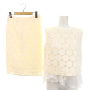 セットアップ ドットレース ノースリーブブラウス フリル プルオーバー タイトスカート 膝丈 36 アイボリー ライトピンク