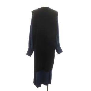 ELENDEEK ロングベストセットプリーツワンピース ロング 長袖 1 黒 紺 ブラック ネイビー