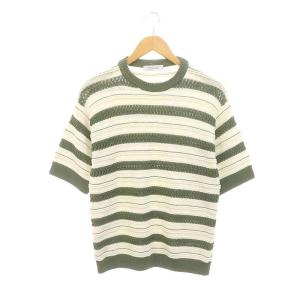 矢柄ボーダークルーネック半袖ニット セーター 44 緑 白 グリーン ホワイト CUK054 /DF OS