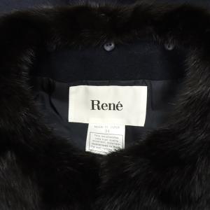 René ミンク襟付き ウール ロングコー 34 ネイビー