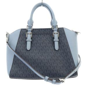 MICHAEL KORS Ciara ミディアム ロゴ&レザー サッチェル 2way ショルダーバッグ ハンド MK柄 ロゴチャーム 紺 ネイビー 水色