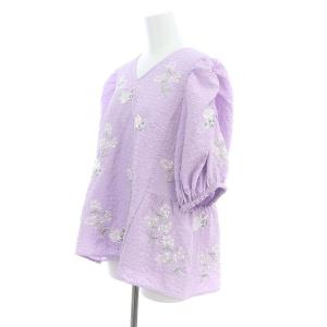 Chesty 23SS ジャガード刺繍トップス ブラウス Vネック 花柄 刺繍 五分袖 1 紫 パープル