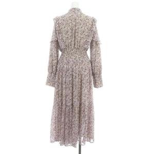 SNIDEL 23SS Sustaina プリントプリーツワンピース ロング 長袖 ボウタイ シャーリング 1 スモークピンク 茶色 ベージュ