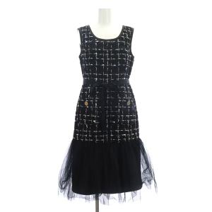 22AW ツイードラメチェックドレス ワンピース ロング ノースリーブ チュール 切替 リボン付き 36 黒 ブラック オフホワイト