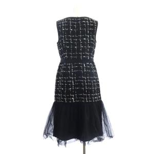 Grace Class 22AW ツイードラメチェックドレス ワンピース ロング ノースリーブ チュール 切替 リボン付き 36 黒 ブラック オフホワイト