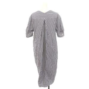 CYCLAS ストライプ ワンピース ロング 五分袖 Vネック 38 紺 白 ネイビー ホワイト