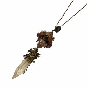 ストーンデザイン ロング ネックレス ペンダント チェーン 花 フラワー ラインストーン 茶 ブラウン