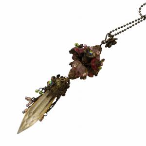 Michal Negrin ストーンデザイン ロング ネックレス ペンダント チェーン 花 フラワー ラインストーン 茶 ブラウン