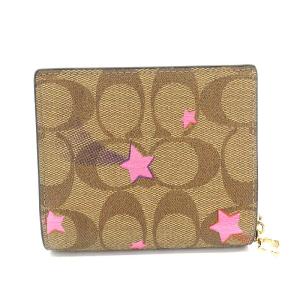 COACH クリスマス限定 21AW シグネチャー 二つ折り財布 星柄 レザー 茶 ピンク ブラウン C7295