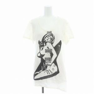 ヒスガール プリント Uネック 薄手Tシャツ カットソー 半袖 F オフホワイト