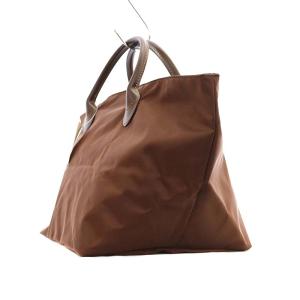 Hervé Chapelier ナイロン舟形トートバッグ ハンドバッグ レザー 茶 ブラウン