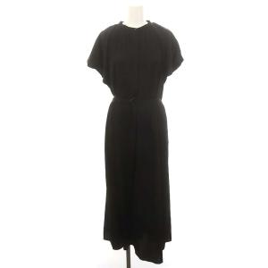 バンドカラーギャザーワンピース マキシ ロング 半袖 38 M 黒 ブラック /AT OS