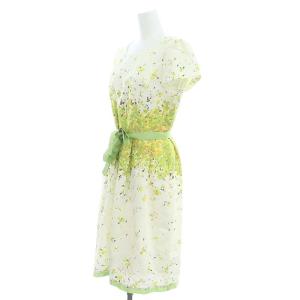 M'S GRACY 半袖ワンピース ひざ丈 花柄 タック 40 L 白 ホワイト 黄緑 ライトグリーン
