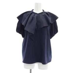 フリルトップス ブラウス 五分袖 プルオーバー バンドカラー パフスリーブ 38 紺 ネイビー