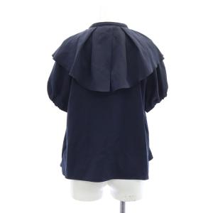 LANVIN en Bleu フリルトップス ブラウス 五分袖 プルオーバー バンドカラー パフスリーブ 38 紺 ネイビー