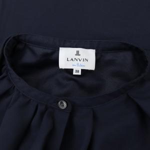 LANVIN en Bleu フリルトップス ブラウス 五分袖 プルオーバー バンドカラー パフスリーブ 38 紺 ネイビー