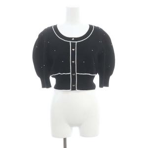 24SS パフスリクロップドカーディガン ニット 七分袖 ビジュー F 黒 ブラック 白 ホワイト /DO