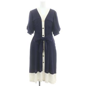 20SS リネンタッチバイカラーワンピース ミモレ ロング 五分袖 Vネック 36 S 紺 ネイビー 白 ホワイト