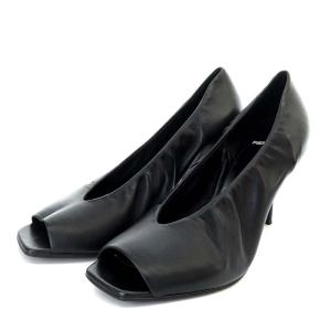 パンプス ピンヒール オープントゥ ギャザーデザイン レザー 39 24.5cm 黒 ブラック /YO