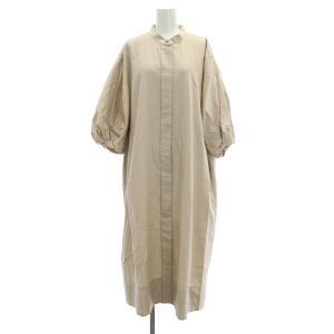 コットンバンドカラーワンピース ロング 七分袖 M ベージュ /HK OS