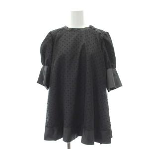 クリーミードットブラウス 五分袖 パフスリーブ バックリボン プルオーバー シアー 1 黒 ブラック /CX