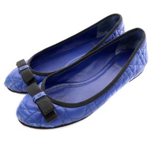 バレエシューズ パンプス リボン キルティング レザー 36.5 23.5cm 青 ブルー 黒 ブラック