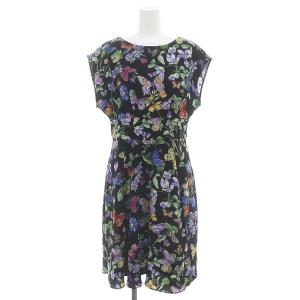 ボタニカルワンピース 膝丈 フレンチスリーブ 総柄 36 黒 ブラック マルチカラー /DO OS