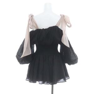 SNIDEL 24SS ウエストシャーリングリボンブラウス 五分袖 オフショル パフスリーブ プルオーバー バイカラー F 黒 ブラック