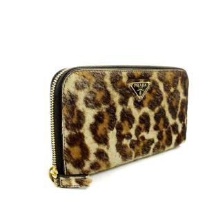 PRADA ハラコ ヒョウ柄 ラウンドファスナー 長財布 三角プレート 茶色 ブラウン べージュ