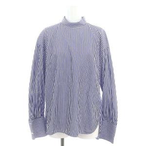 ストライププルオーバ?ブラウス シャツ 長袖 38 紺 白 ネイビー ホワイト
