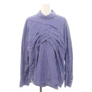 カシュクールデザイン長袖シャツ チュニック ストライプ プルオーバー 38 ネイビーブルー 白 ホワイト
