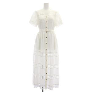 24SS レース切替フレアワンピース ロング 半袖 シアー ベルト付 36 白 ホワイト