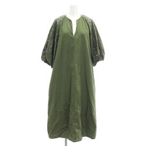 レースバルーンスリーブワンピース ロング 七分袖 キーネック F カーキグリーン