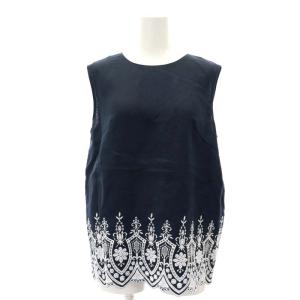 裾刺繍リネンブラウス シャツ ノースリーブ 34 S 紺 ネイビー