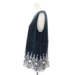 René 裾刺繍リネンブラウス シャツ ノースリーブ 34 S 紺 ネイビー