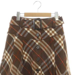 BURBERRY BLUE LABEL チェック ラップスカート フレアスカート ミニ タック フロントボタン ベルト付き 36 茶色 オレンジ 白
