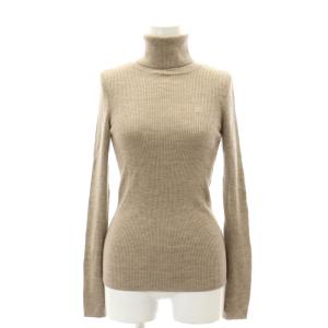 タートルネック ロゴ刺繍 ニット カットソー 長袖 リブ ウール 38 M ベージュ