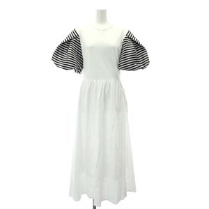 PUFF SLEEVE TEE DRESS ワンピース ロング 半袖 バルーンスリーブ ボーダー 切替 38 白 黒 ホワイト